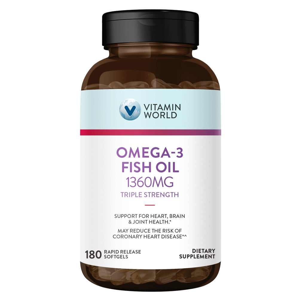 Vitamin World Triple Strength Omega-3 bottle with clear label, supports daily heart and brain wellness.