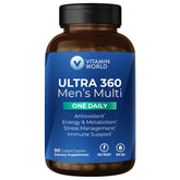 Vitamin World Ultra 360 Men bottle showing daily multivitamin caplets for immune support