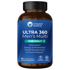 Vitamin World Ultra 360 Men bottle showing daily multivitamin caplets for immune support