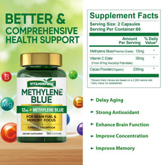 Vitaminfate Methylene Blue bottle label highlighting USP-grade quality and purity.