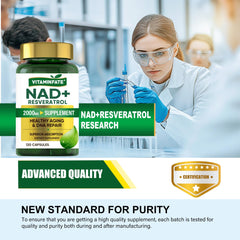 VITAMINFATE NAD+ label close-up highlighting ingredients and Resveratrol benefits.