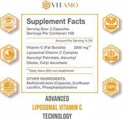 Vitamo Liposomal Vitamin C 2000mg bottle label shows non-GMO ingredients