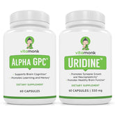 VitaMonk Alpha GPC Uridine Stack bottle shown for cognitive support and focus.