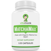 VitaMonk MATCHAMAX organic matcha capsules bottle closeup for natural energy and focus