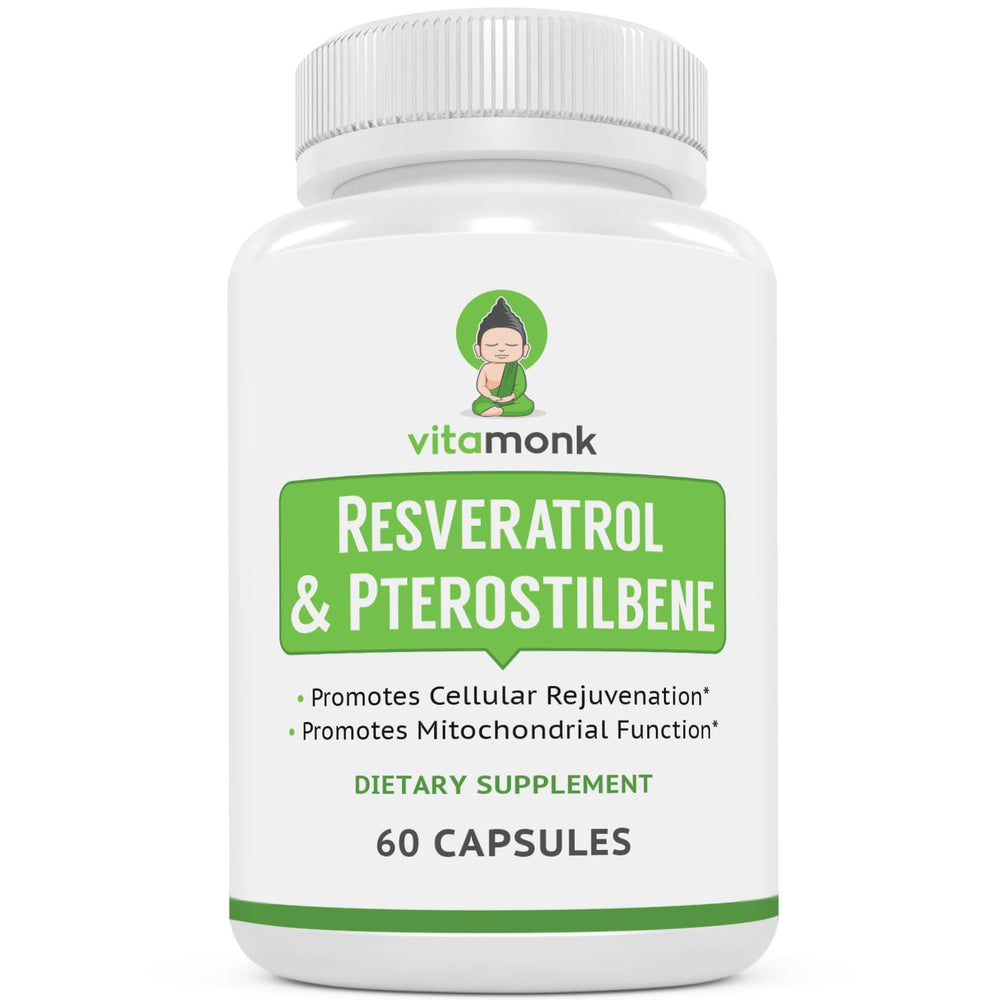 VitaMonk Resveratrol bottle and capsules for healthy aging support.