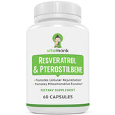 VitaMonk Resveratrol bottle and capsules for healthy aging support.