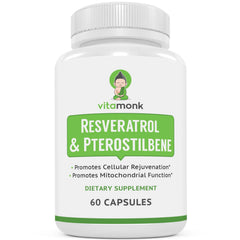 VitaMonk Resveratrol bottle and capsules for healthy aging support.