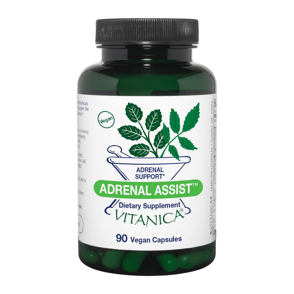 Vitanica Adrenal Assist bottle shown for daily vegan adrenal support