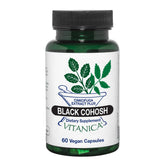 Vitanica Black Cohosh bottle front with vegan capsules for menopause support