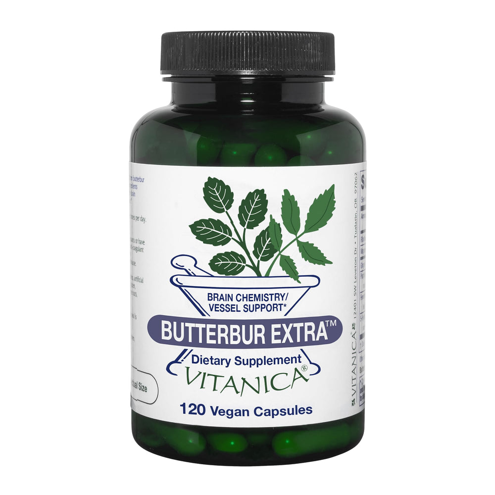 Vitanica Butterbur Extra bottle front view, vegan capsules for brain chemistry and vascular support.