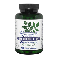 Vitanica Butterbur Extra bottle front view, vegan capsules for brain chemistry and vascular support.