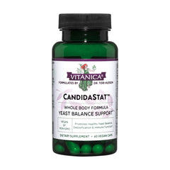 Vitanica Candidastat balanced bottle closeup for vegan wellness support.