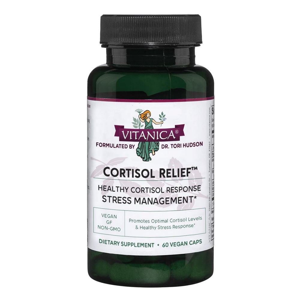 Vitanica Cortisol Relief bottle for daily stress support.