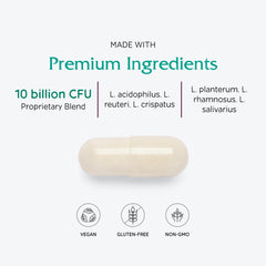 Vitanica FemEcology ingredient-list closeup highlights stabilized strains with suspended animation technology.