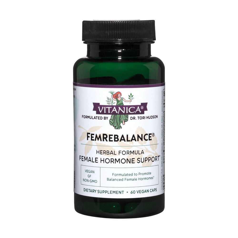 Vitanica FemRebalance bottle front showing vegan hormone balance for women