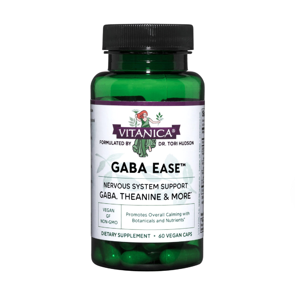 Vitanica GABA Ease bottle pour showcasing calm support for daily routines