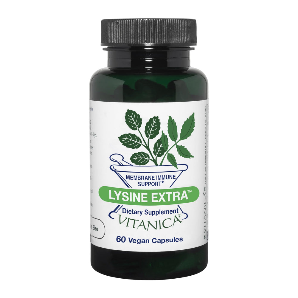Vitanica Lysine Extra bottle front highlights vegan immune support for daily wellness