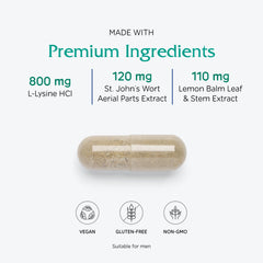 Vitanica Lysine Extra capsule close-up reveals soft, easy-to-swallow pills