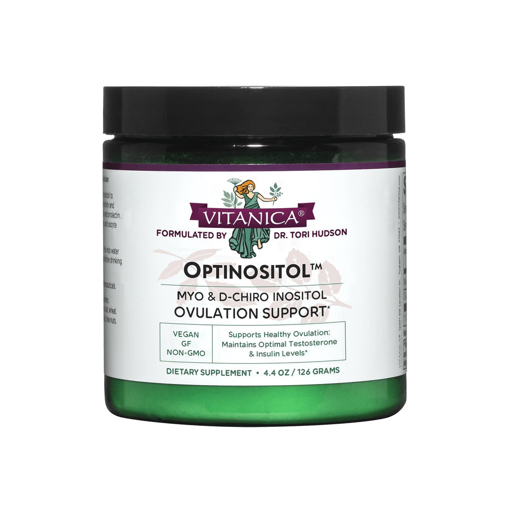 Vitanica Optinositol bottle label highlights vegan and gluten-free inositol support for women.
