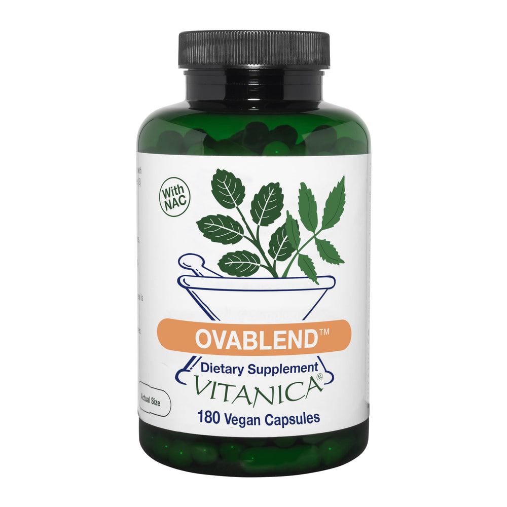 Vitanica OvaBlend bottle label highlighting ovarian health support