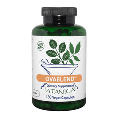 Vitanica OvaBlend bottle label highlighting ovarian health support