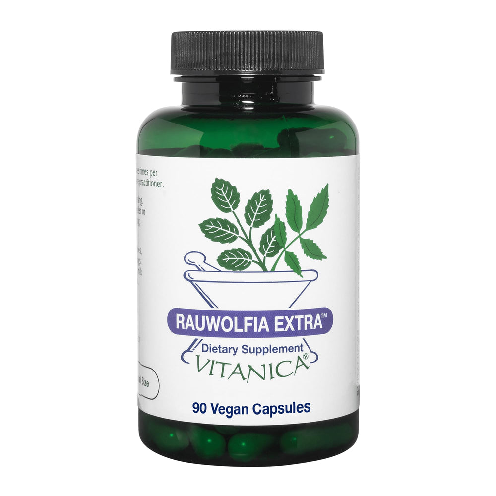 Vitanica Rauwolfia Extra bottle-front showing vegan cardiovascular support capsules
