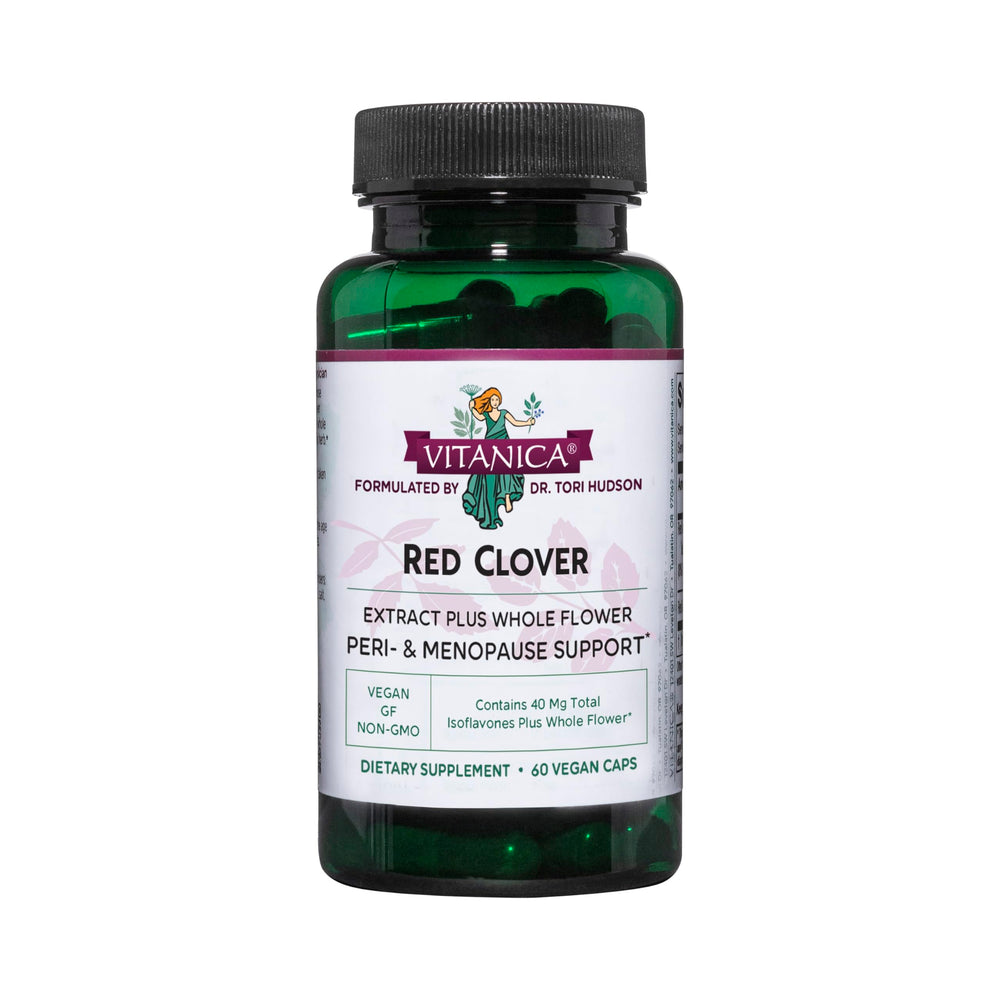 Vitanica Red Clover bottle front for menopause support in daily routine