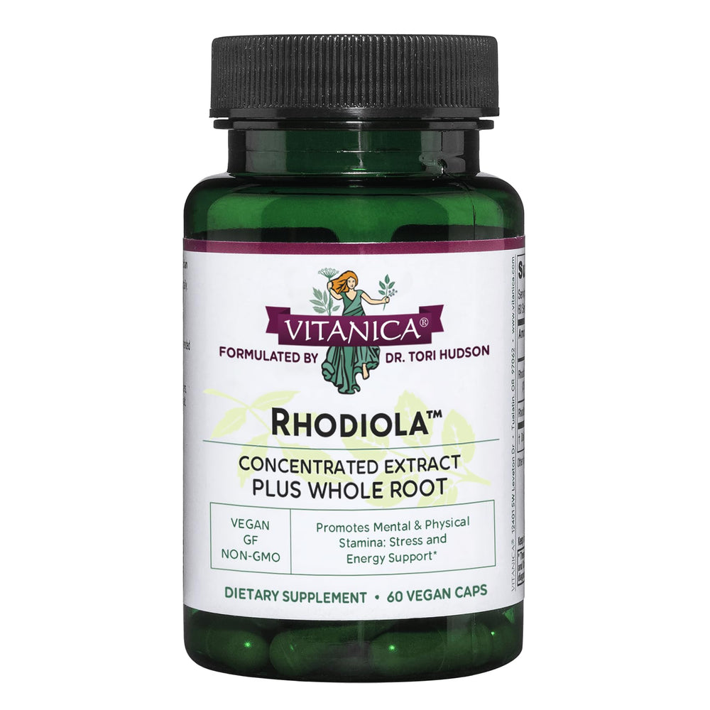 Vitanica Rhodiola Rosea extract bottle shows 200mg capsule strength for daily support.