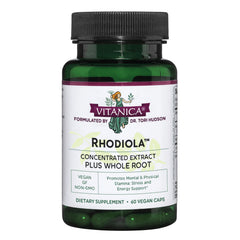 Vitanica Rhodiola Rosea extract bottle shows 200mg capsule strength for daily support.