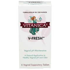 Vitanica V-Fresh packaging box highlighting vaginal pH support formula for daily use