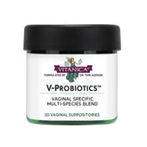 Vitanica V-Probiotics bottle front for daily vaginal balance.