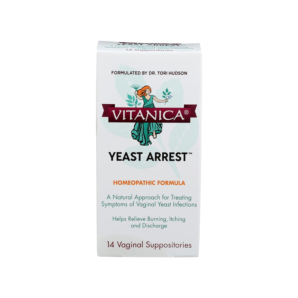 Vitanica Yeast Arrest bottle for at-home vaginal support.