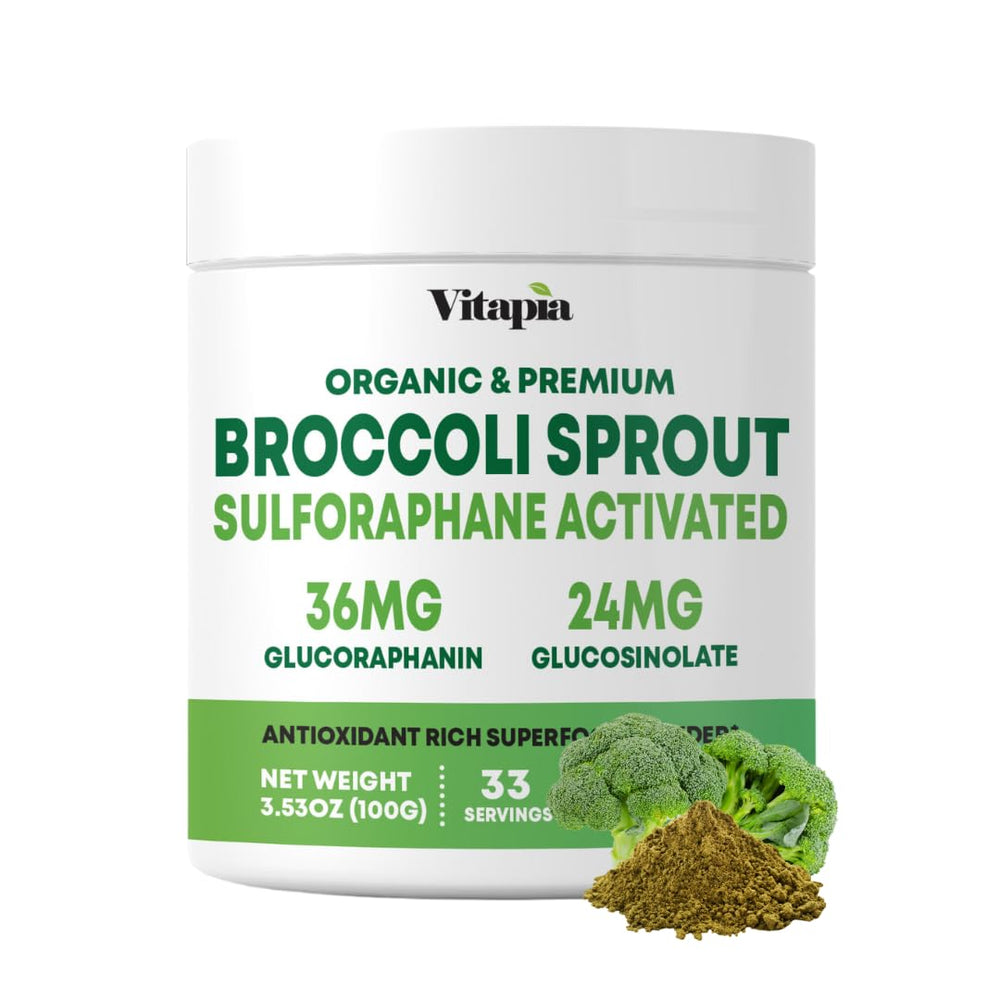VITAPIA broccoli sprout powder bottle with label highlighting antioxidant benefits.