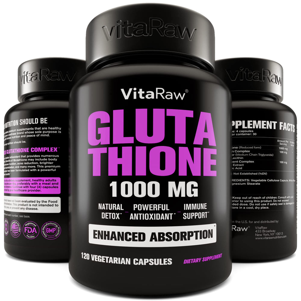 VitaRaw Glutathione 1000mg bottle showing potent antioxidant support for immune wellness.
