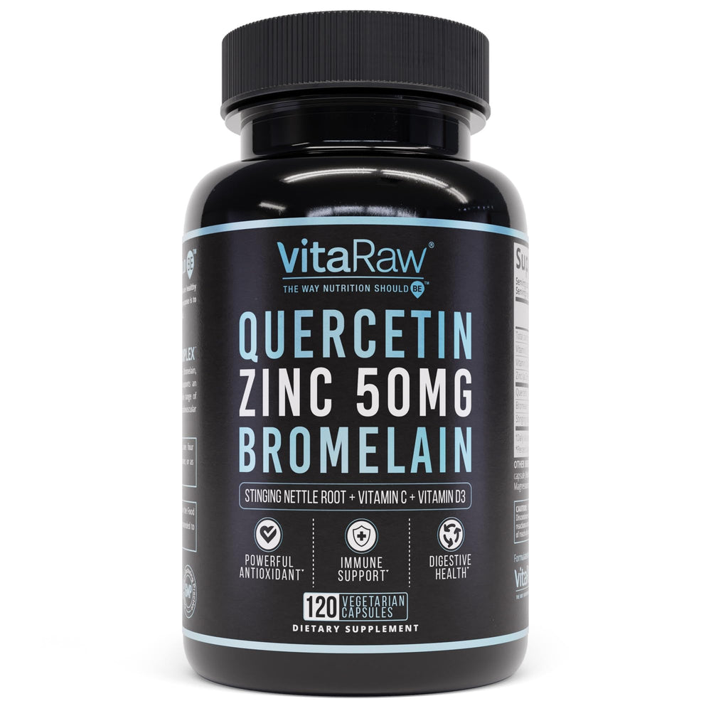 VitaRaw Quercetin with Bromelain bottle shows immune support and clean formula