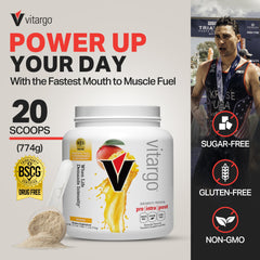 Vitargo mango powder poured into a glass for quick replenishment.