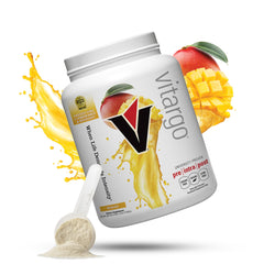 Vitargo Mango powder tub front shows branding; fast glycogen refuel for workouts.