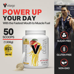 Vitargo Mango powder tub side label, vegan, sugar-free energy support.