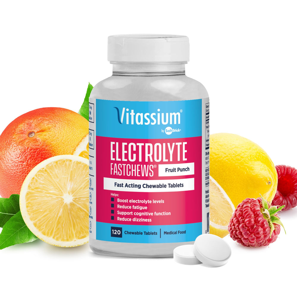 Vitassium FastChews fruit punch tablets in bottle for fast-acting electrolyte support