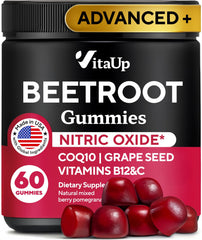 VitaUp beet root gummies bottle closeup for circulation support potential.