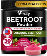 VitaUp beet root powder tub displaying the 8-in-1 blend for daily vitality