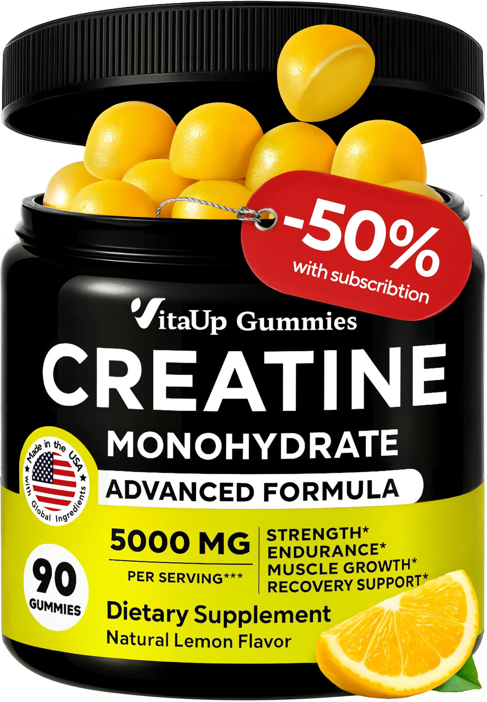 VitaUp Creatine Monohydrate Gummies bottle with lemon flavor supports workout energy.