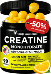 VitaUp Creatine Monohydrate Gummies bottle with lemon flavor supports workout energy.