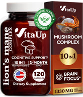 VitaUp Lions Mane capsules on a bottle, supporting daily focus.