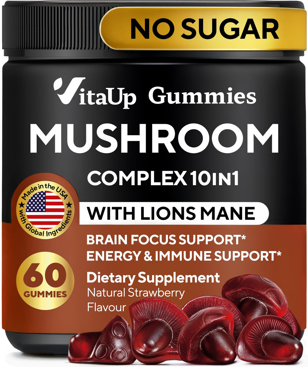 VitaUp Mushroom Gummies bottle front showing daily dose for focus and energy