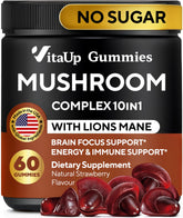 VitaUp Mushroom Gummies bottle front showing daily dose for focus and energy