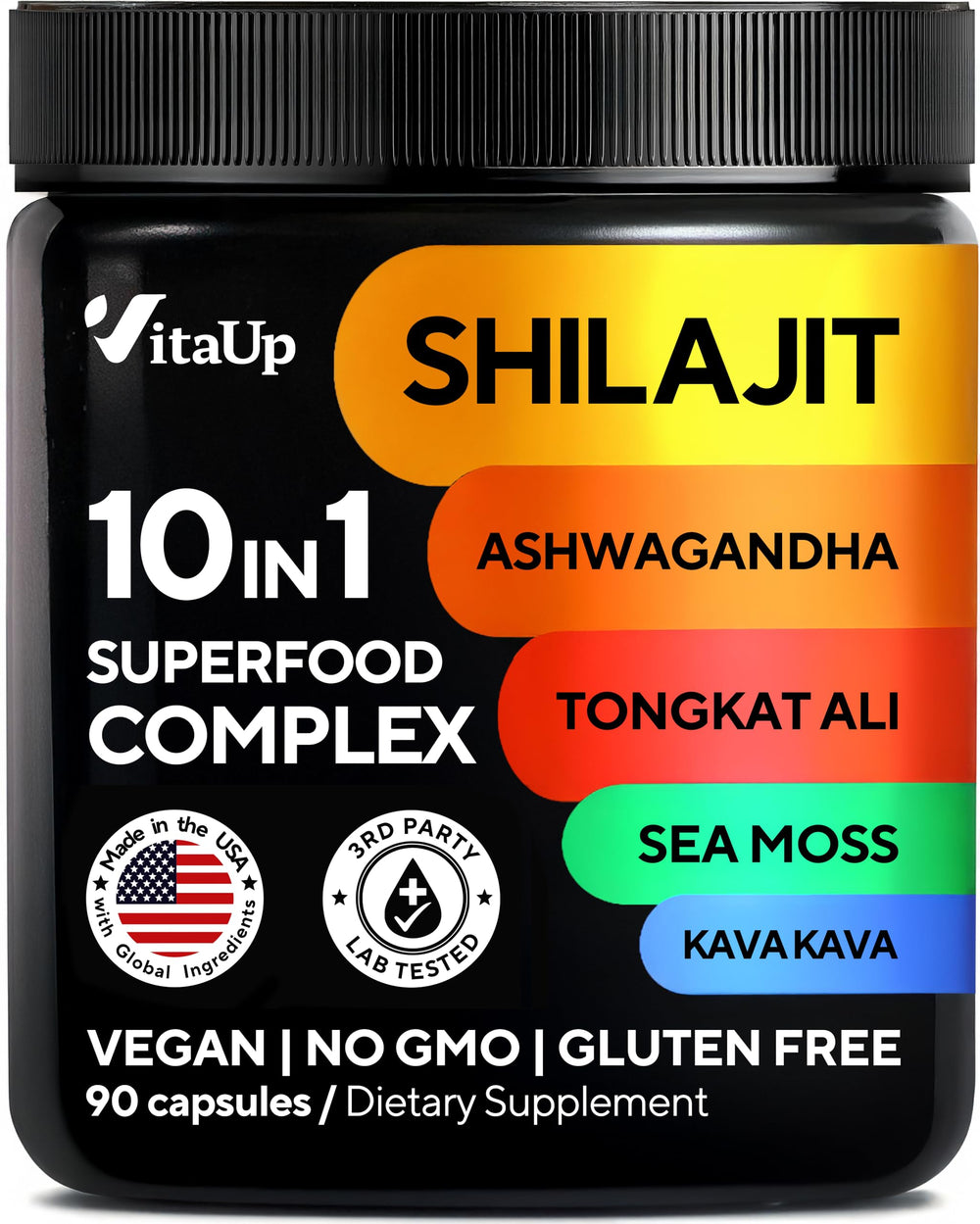 VitaUp shilajit capsules bottle label highlights 10-in-1 blend for daily wellness