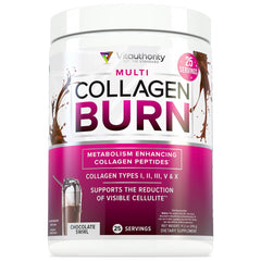 Vitauthority Collagen Peptides Chocolate tub front promotes radiant hair, skin, and nails.