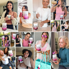 Ingredients panel highlights five collagen types with hyaluronic acid and vitamin C.