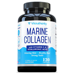 Vitauthority Marine Collagen Capsules bottle on counter for easy daily wellness.